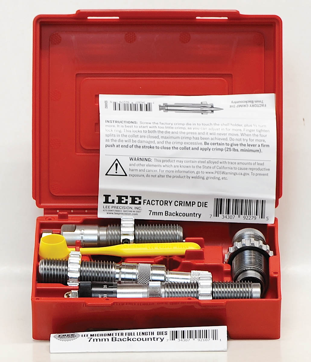 Lee’s full length die set works as advertised. The kit is shown with the factory crimp die in the box. This is actually an optional (but actually needed) item to precisely remove the case mouth flare after seating the bullet.